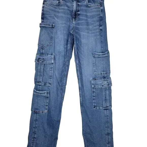 American Eagle Super High-Rise Baggy Straight Jeans Women 8 X-Long Stretch Cargo - Picture 3 of 9